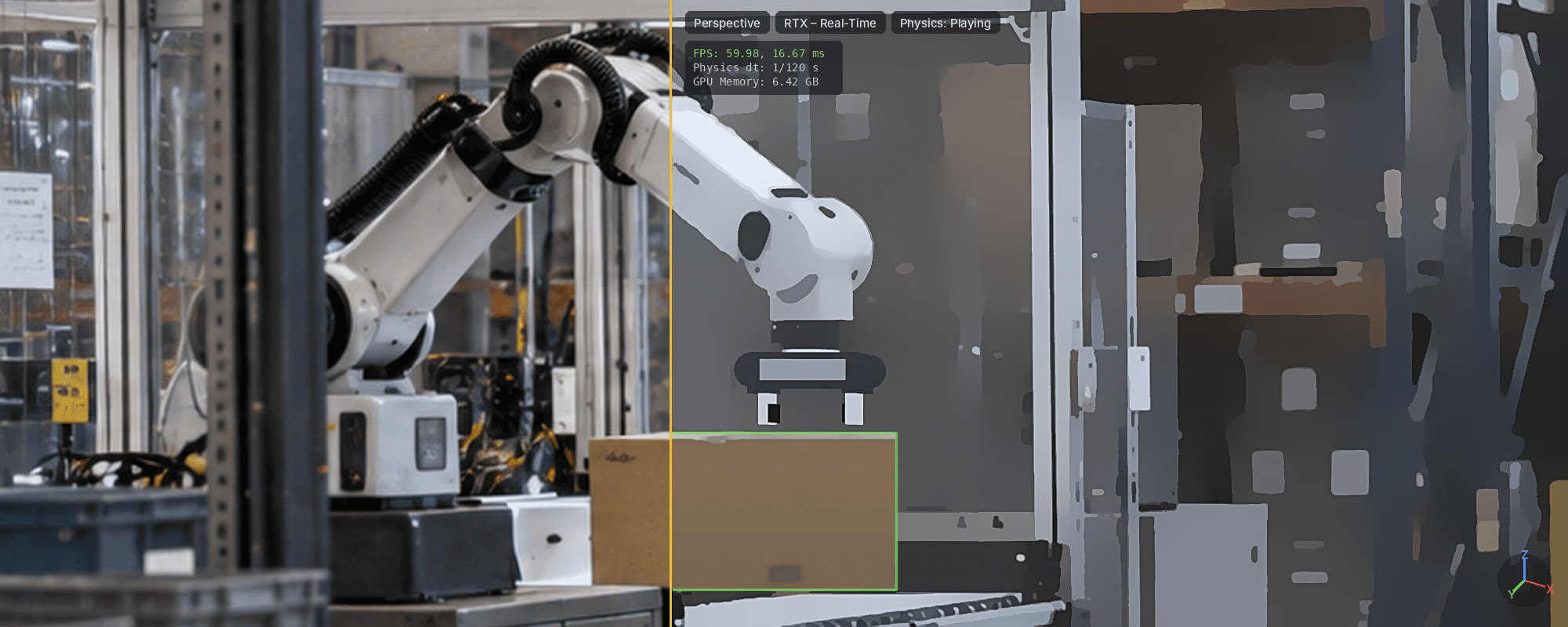 Split view of a real warehouse robot arm and its simulated workcell.