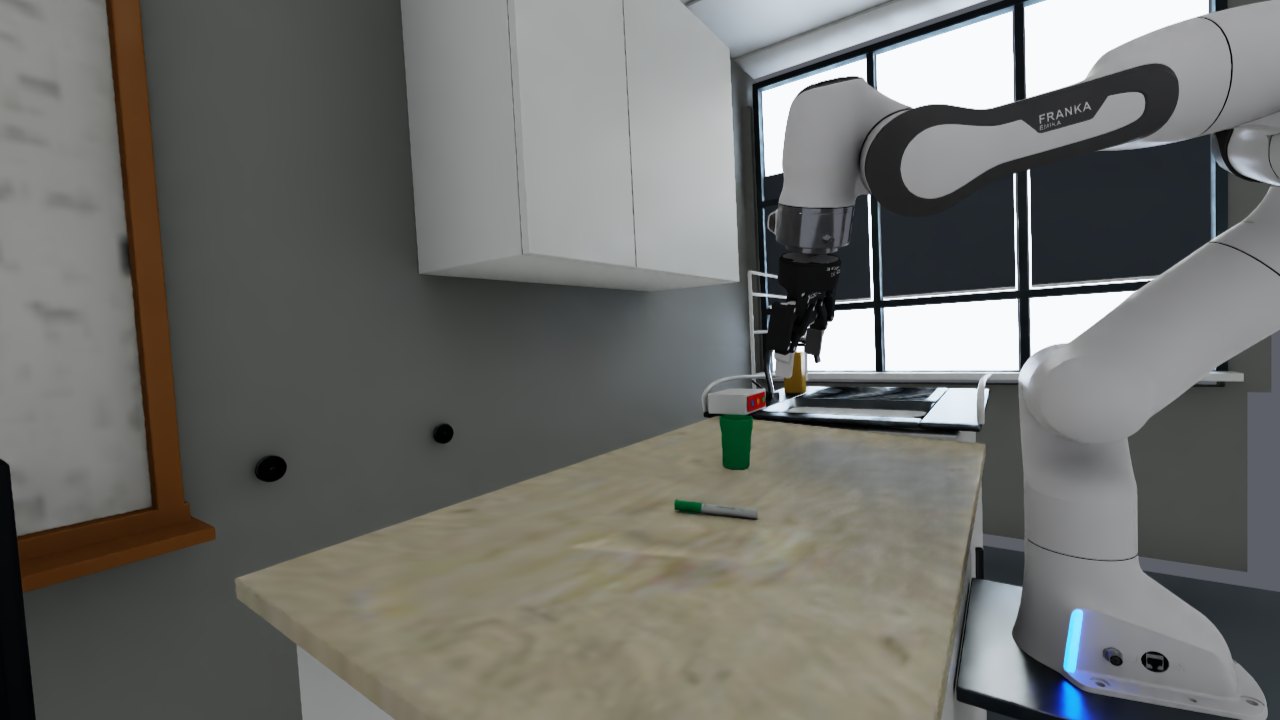 Recreated kitchen tabletop with a robot arm, marker, and cup