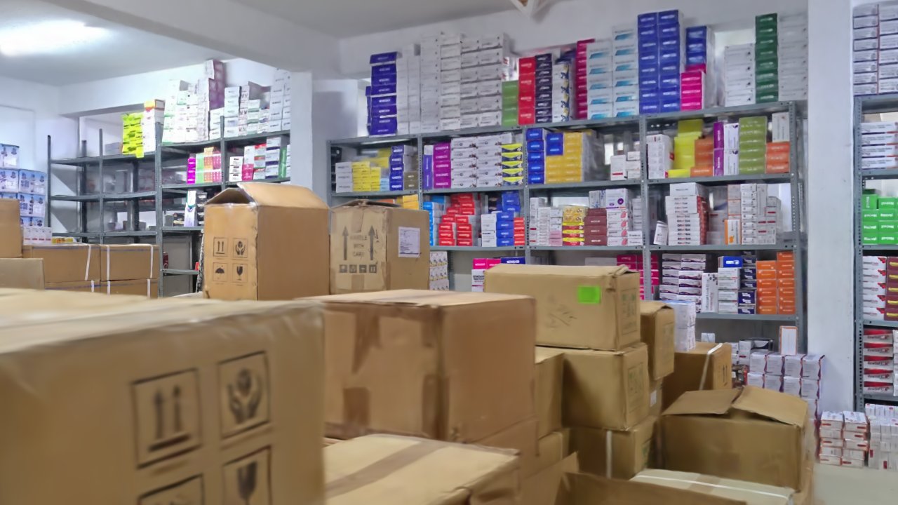Recreated pharmaceutical shelving and boxed inventory